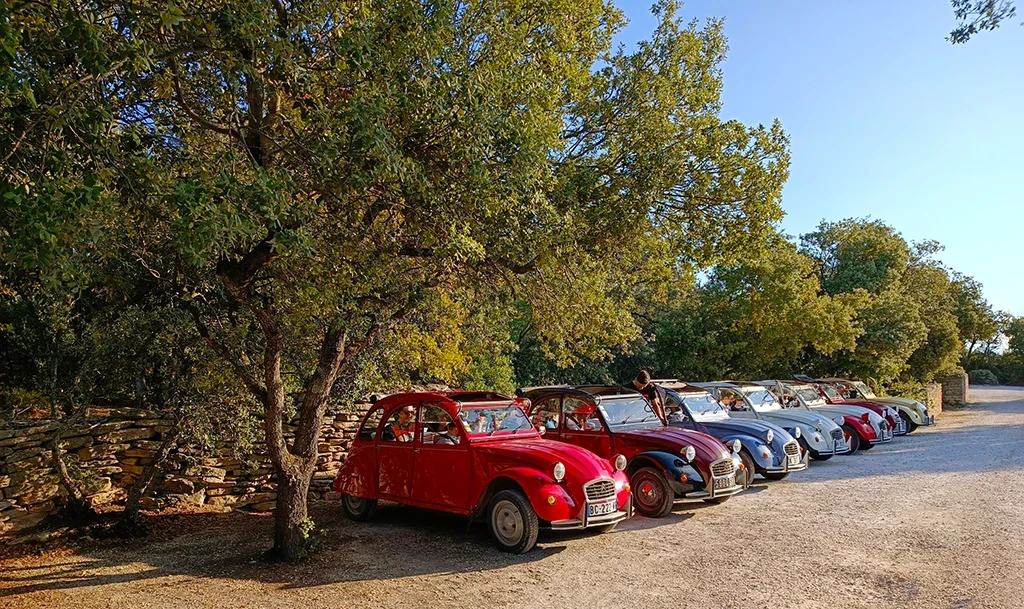 Plusieurs véhicules de type 2CV garées dans le Luberon