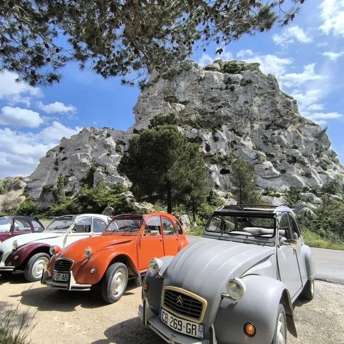 Vue de 2cv garées dans le parc régional des alpilles